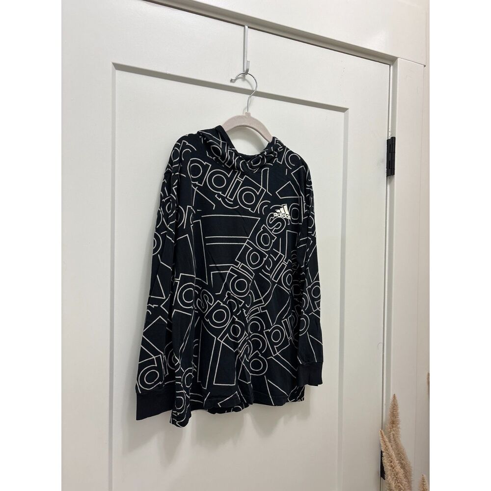 adidas Boys Allover Print Spellout Logo Pullover Hoodie Black White Size 8